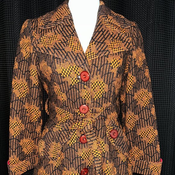 Balwins of California Jackets & Blazers - Vintage Mod 60's 70s Vibrant Upholstery Coat Black Orange Pockets Lined Belt EUC